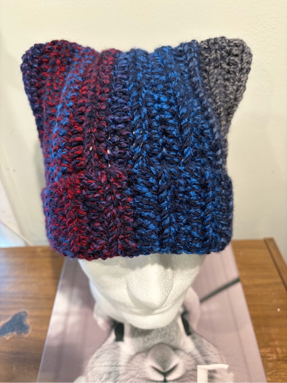 Handmade Crochet Cat Ear Beanie Blue Red Black Alt Grunge Winter Hat - Picture 2 of 5